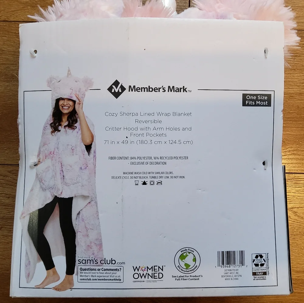 ​Member's Mark Cozy Critter Wrap Unicorn Reversible Plush Hooded Blanket OS Pink